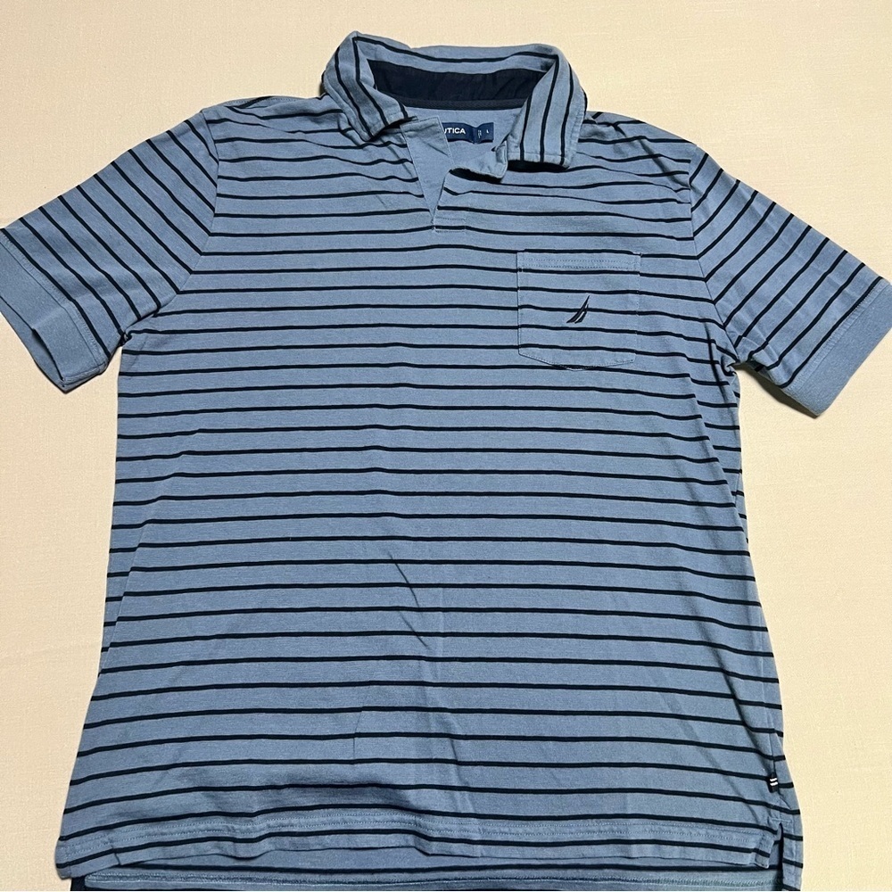 Nautica Men’s Polo Shirt Blue Stripe Cotton Blend Short Sleeve Classic Nautical